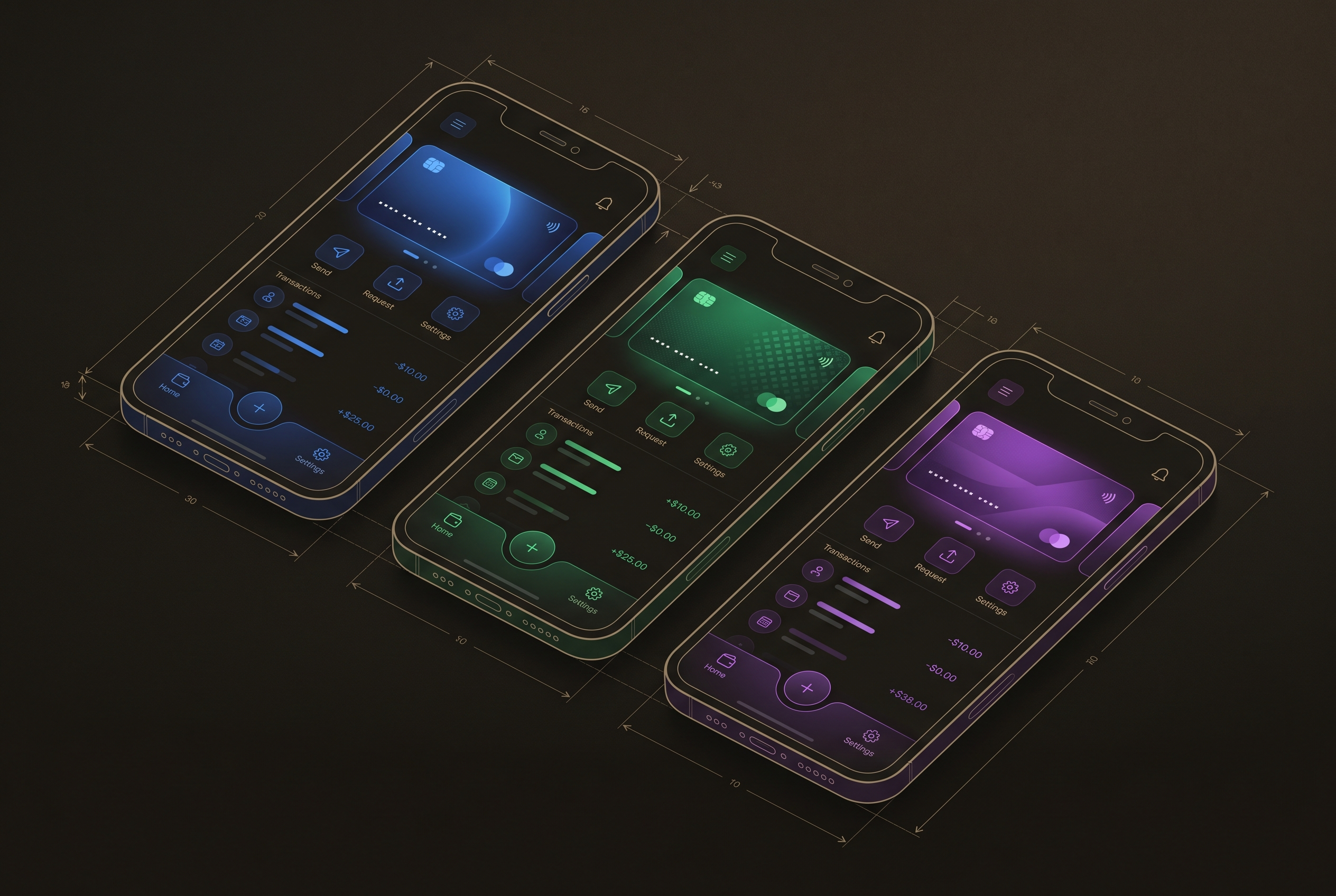 Three branded wallet interfaces showing white-label customization across different clients