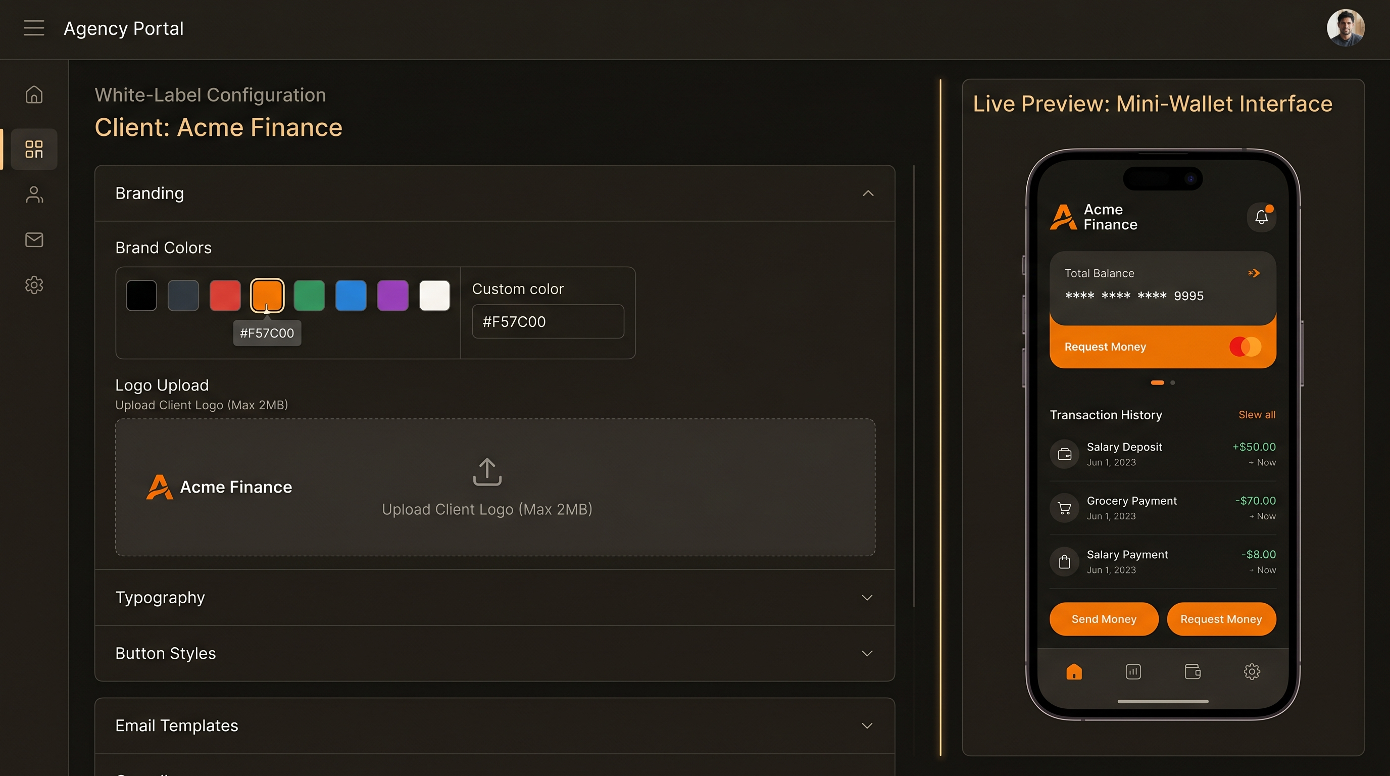 White-label fintech configuration panel with brand customization and live preview